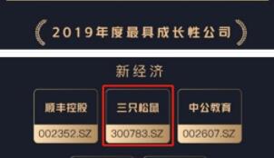 三只松鼠获评雪球奖“2019年度最具成长性公司”